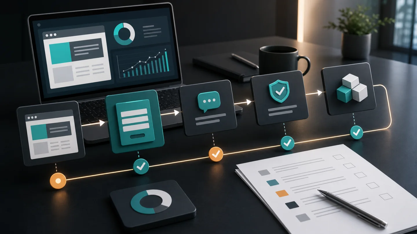 AI audit flow visual showing a website review, lead capture form, response route, approval check, and implementation blocks for a UK small business