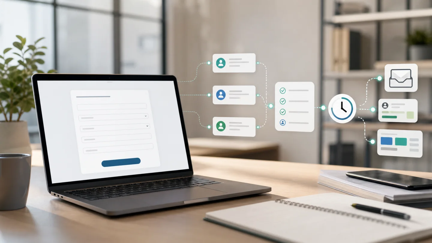 Lead-capture workflow illustration showing a website form, structured contact cards, qualification checks, response timing, email, CRM and reporting handoffs